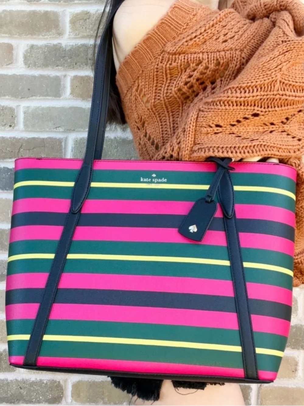 kate spade Pink, Green & Yellow Striped Leather Tote